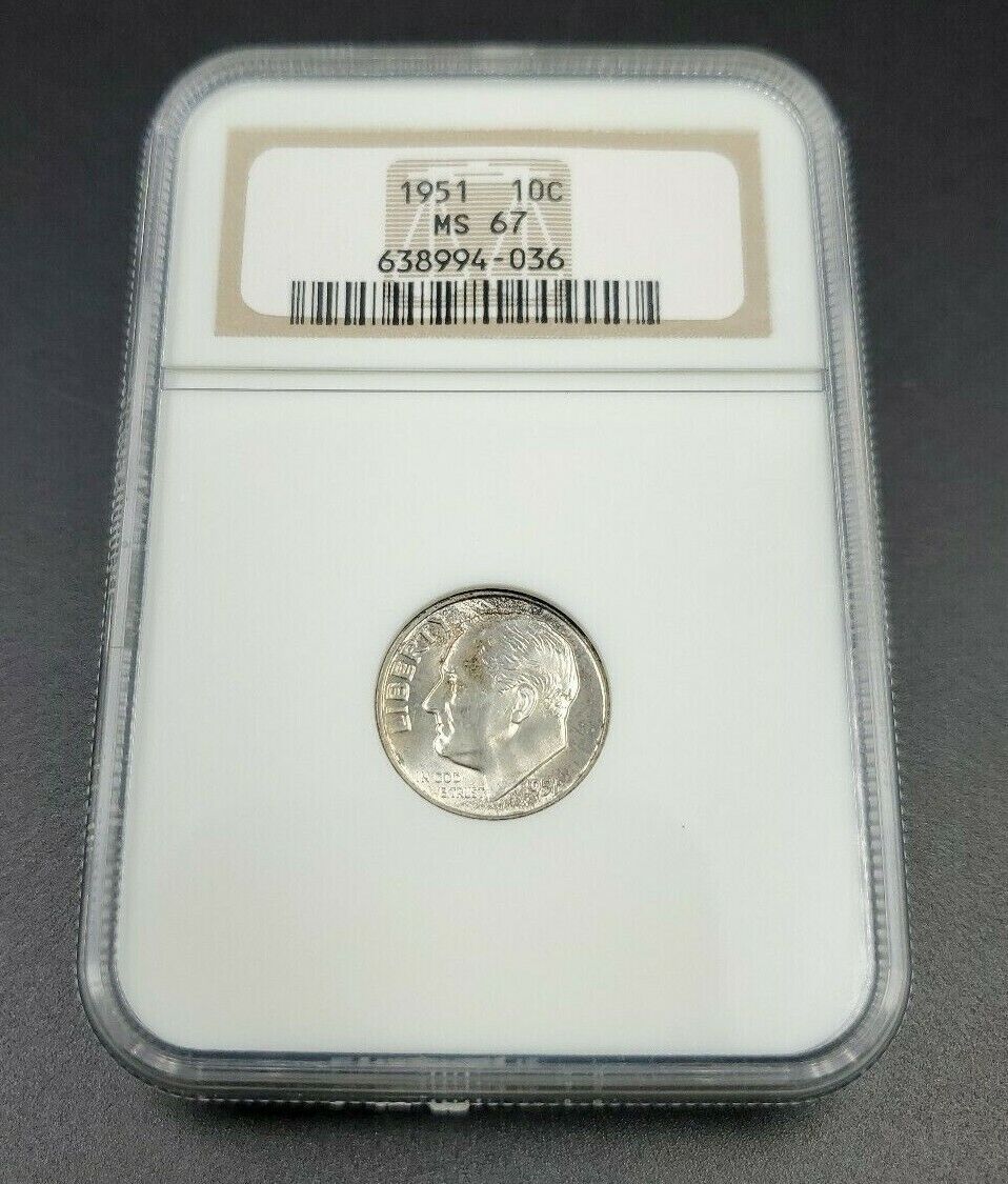 1951 P Roosevelt Dime Silver Coin NGC MS67 GEM BU Some Toning ANA Brown Label