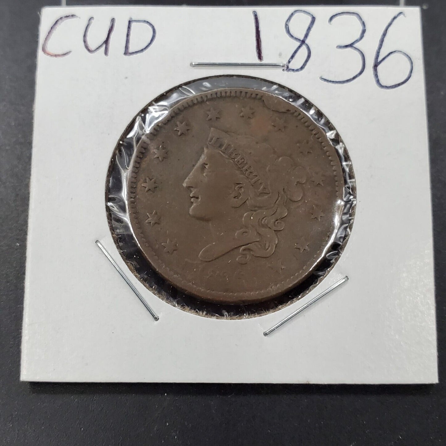 1836 1c Large Cent Choice Good Circ with Die CUDD Variety Obverse