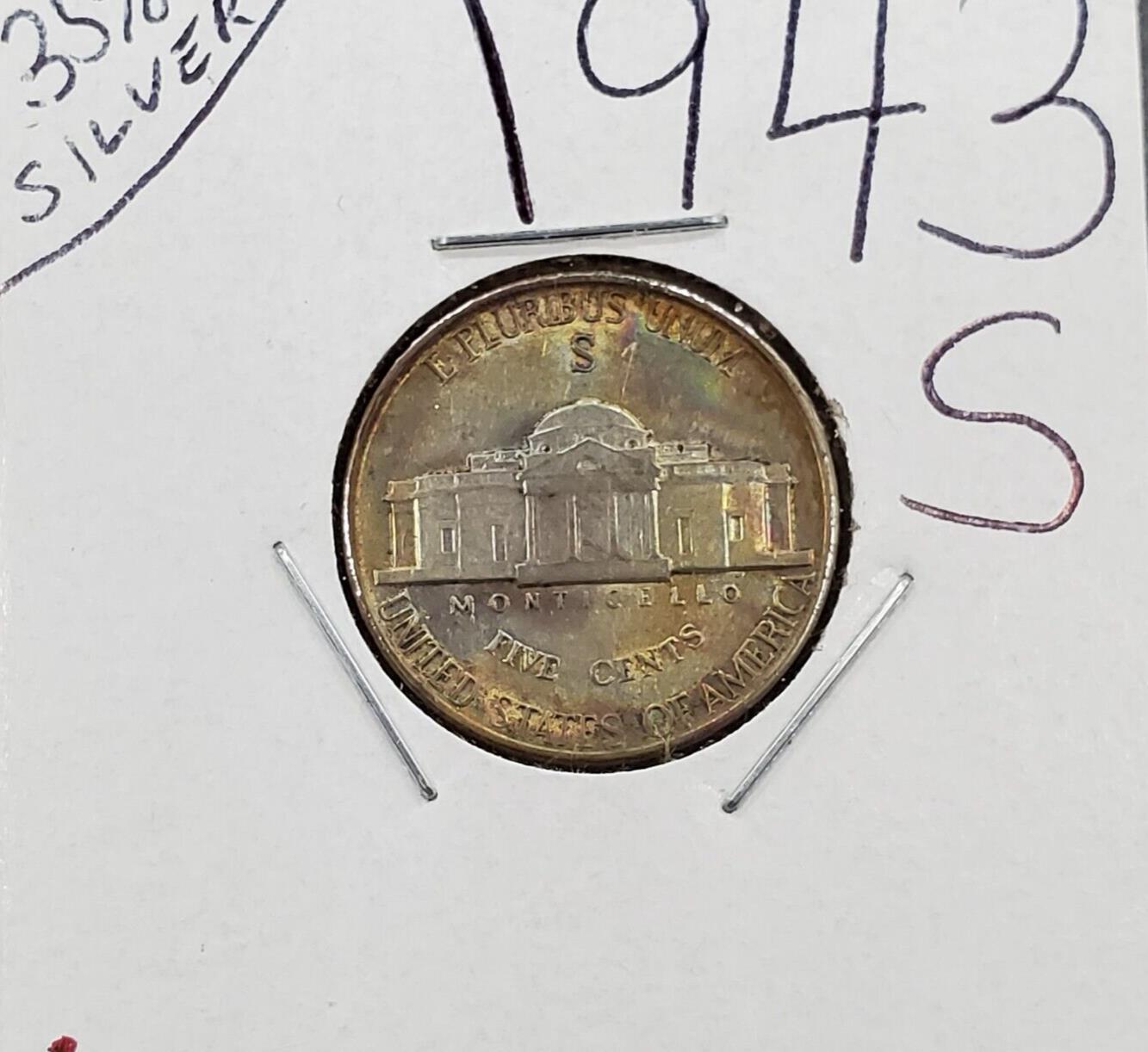 1943 S Jefferson Nickel PQ Rainbow Original Toning Reverse XF EF Extra Fine Circ