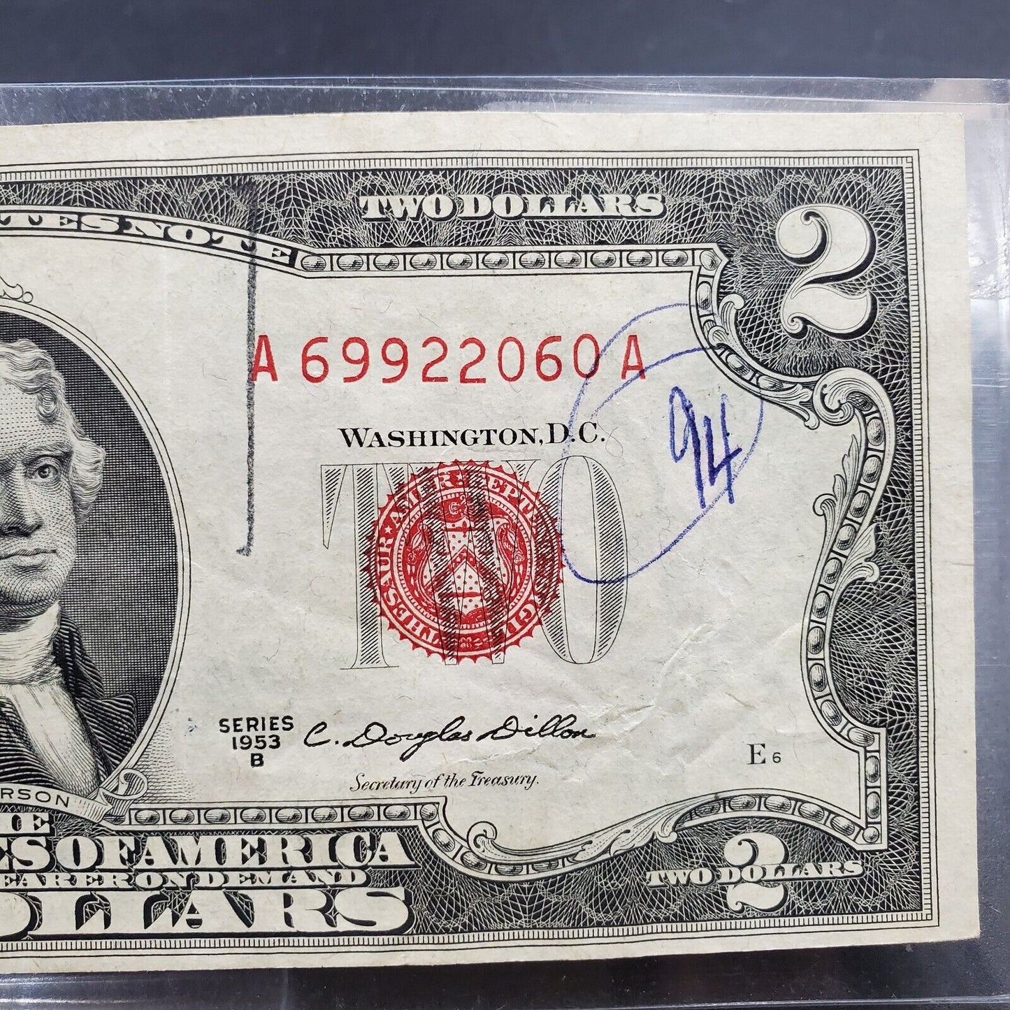 1953 B $2 United States Currency Legal Tender Note Red Seal Repeat Serial Number