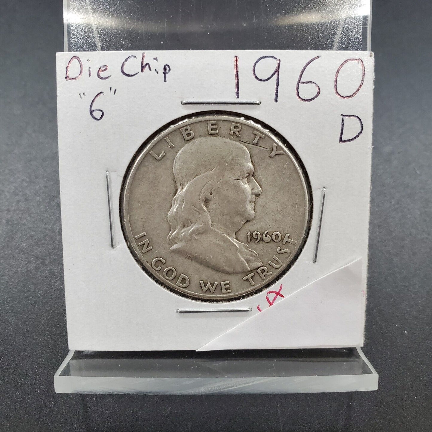 1960 D Franklin Silver Half Dollar Coin Circulated Die Chip in 6 of date Variety