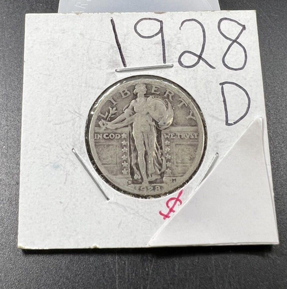 1928 D Standing Liberty Silver Quarter Coin Choice Good / VG Very G