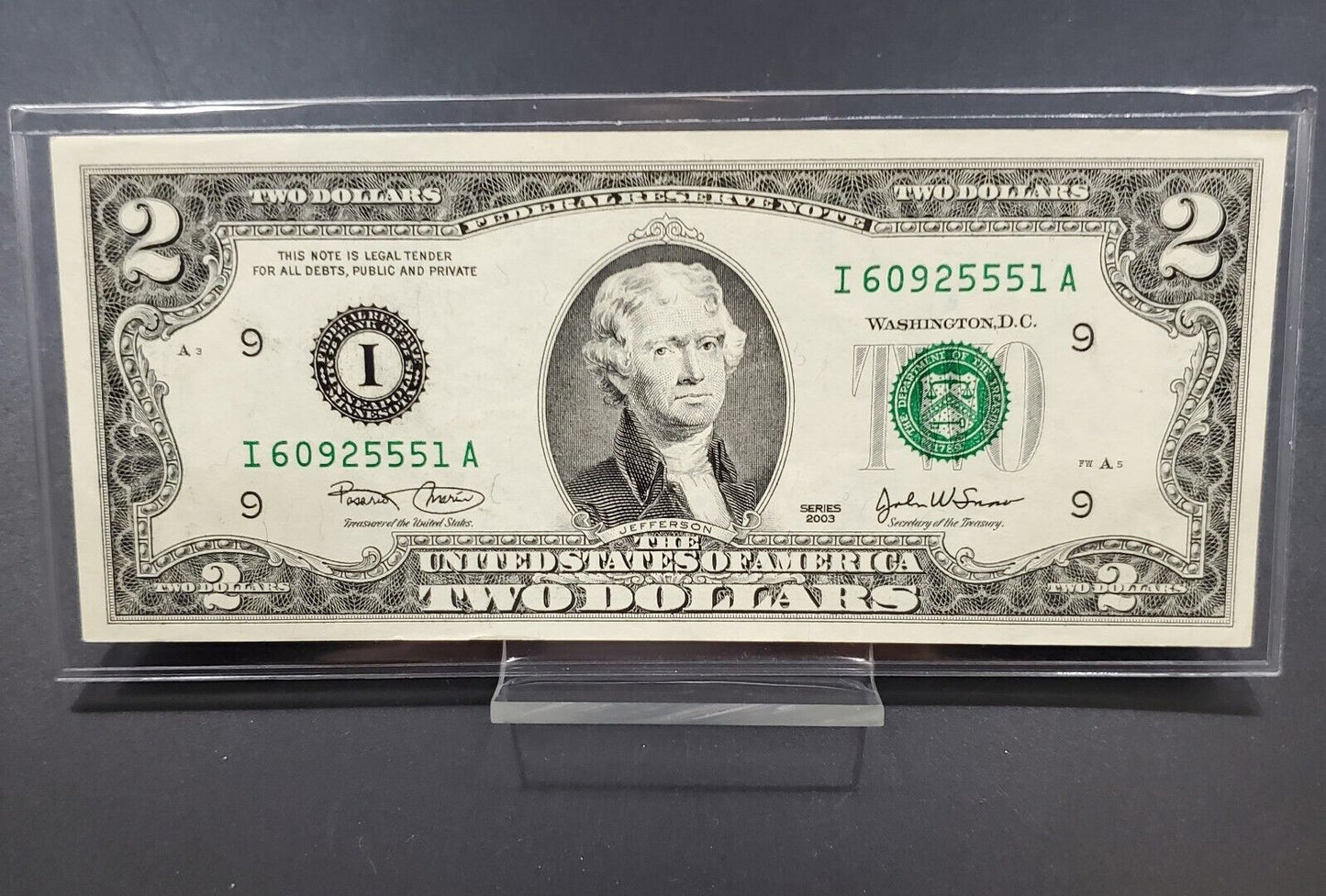 2003 $2 FRN FEDERAL RESERVE NOTE BILL CHOICE UNC Repeat Serial Number #a