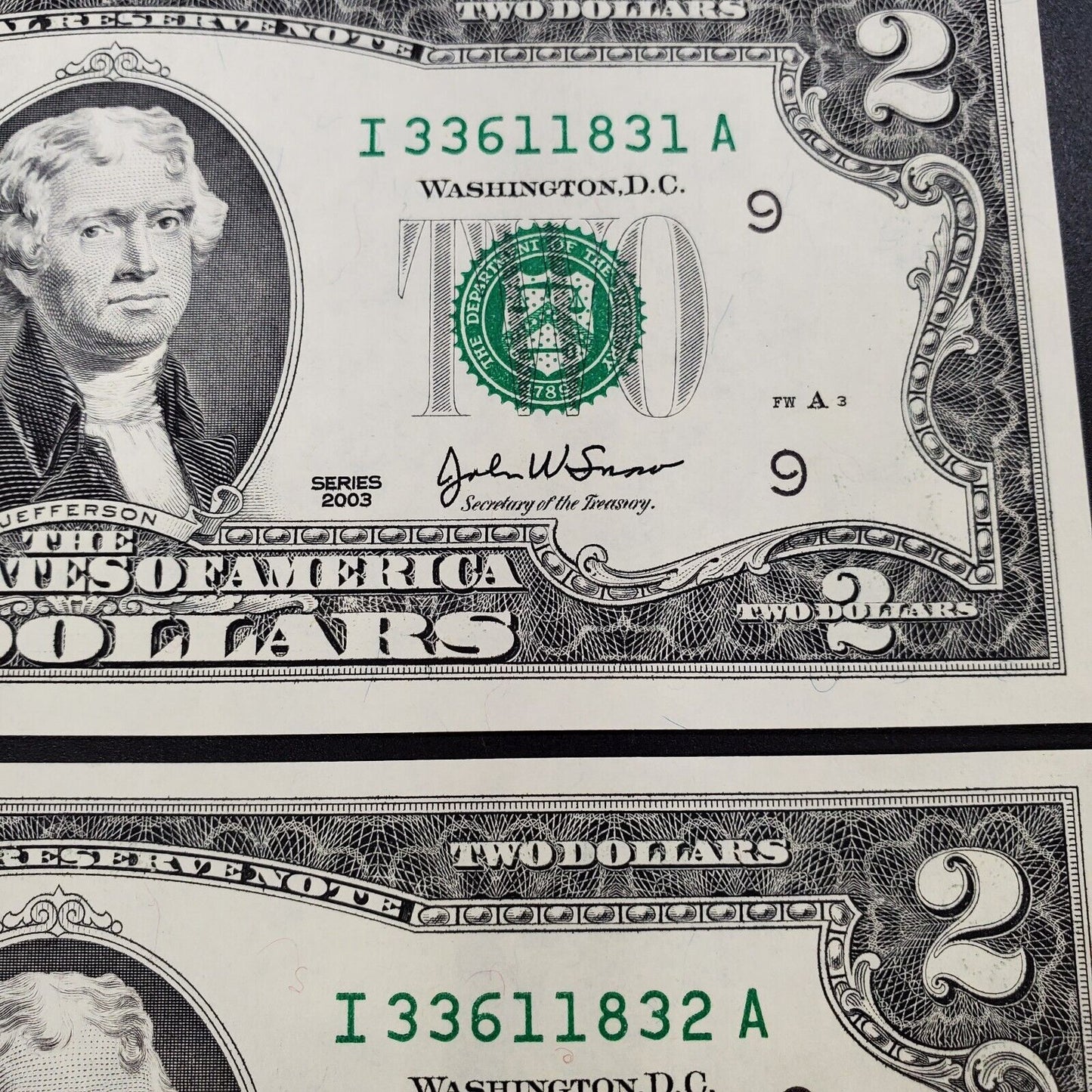 4 CONSECUTIVE $2 2003 FRN FEDERAL RESERVE NOTE CH UNC Two Dollar Bill Green Seal