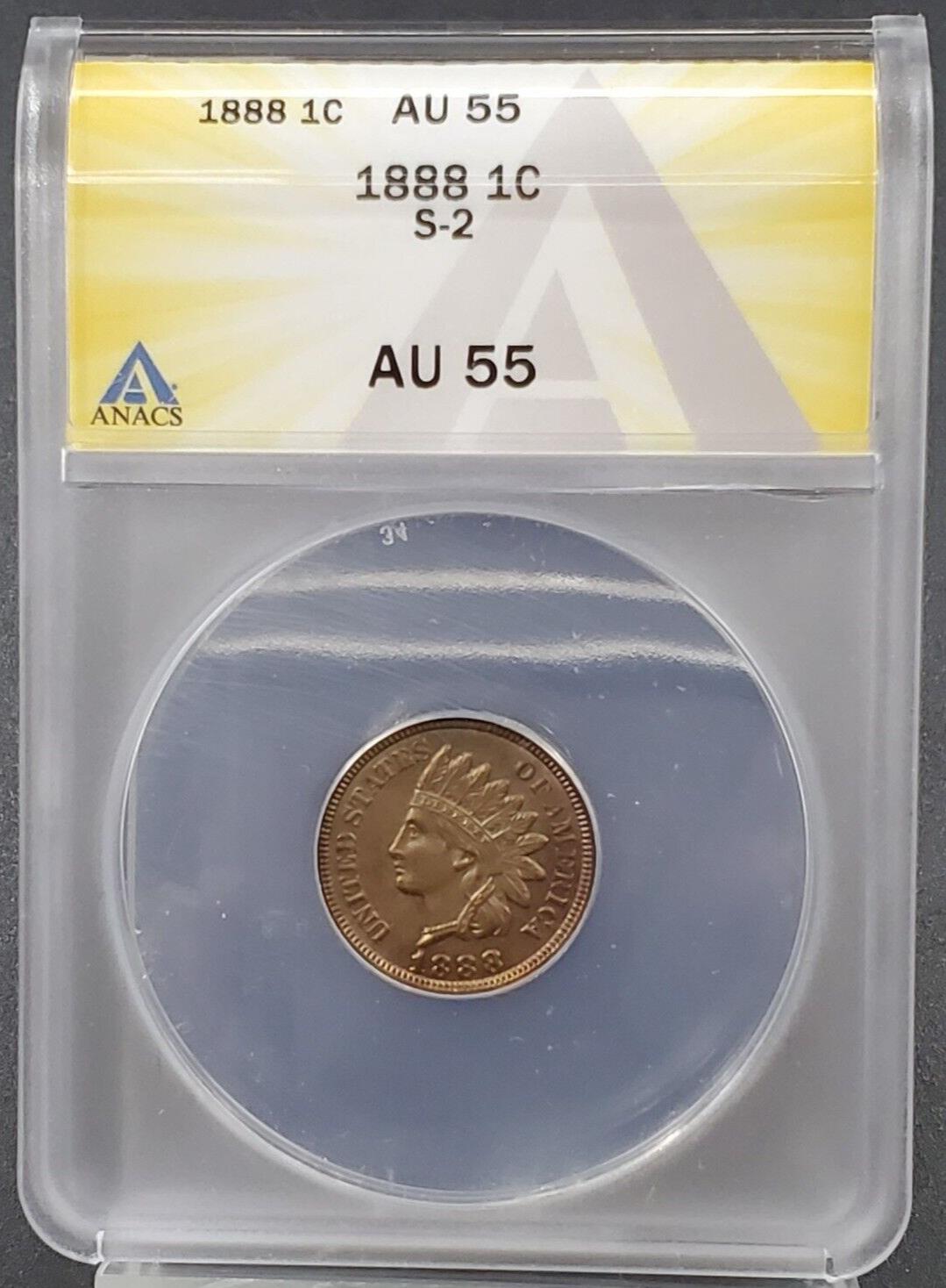 1888 P Indian Head Cent Coin ANACS AU55 S-2 Snow 2 Variety FS-302 RPD Toner