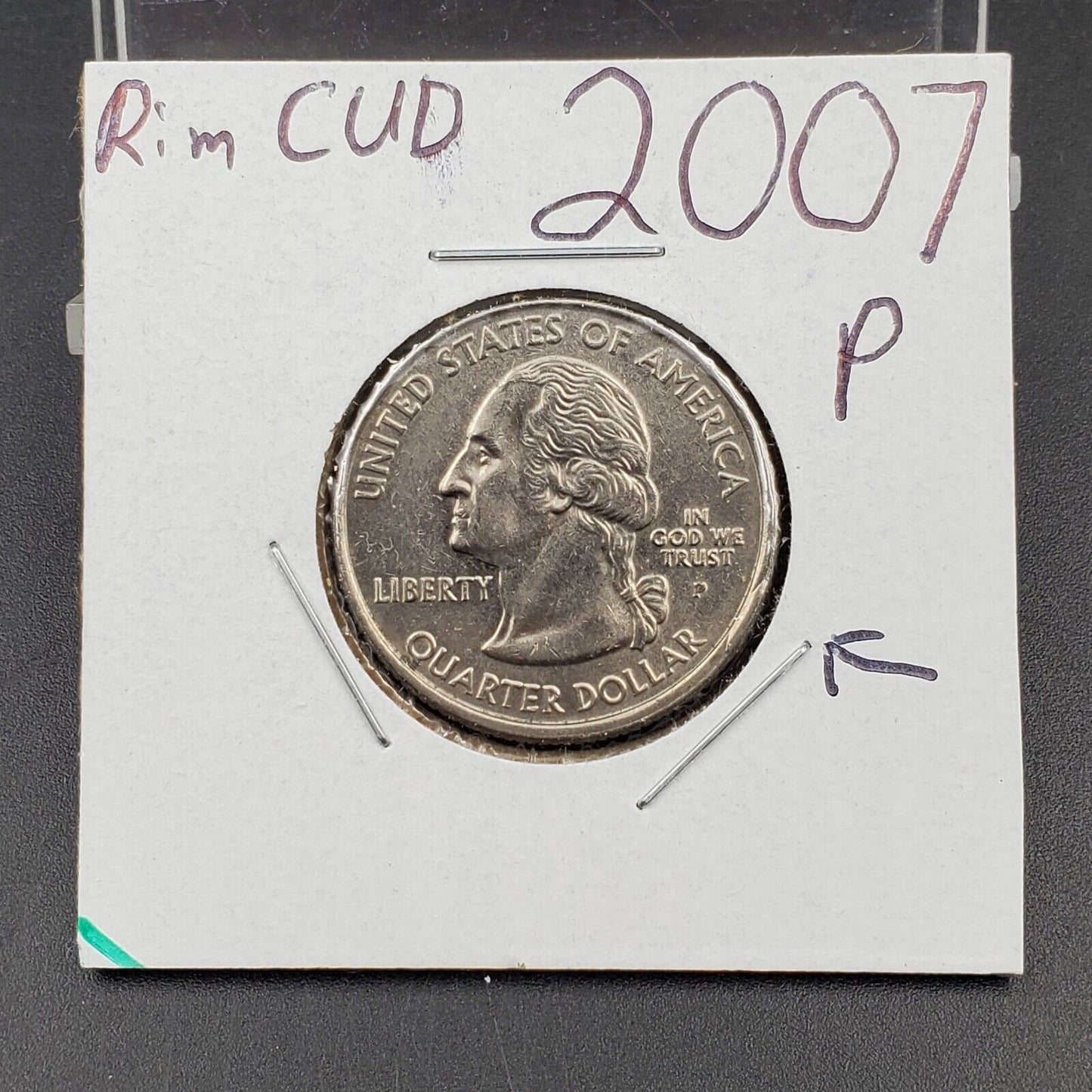 2007 P State Quarter 25c Coin Wyoming Rim Cud Error AU about UNC Circ