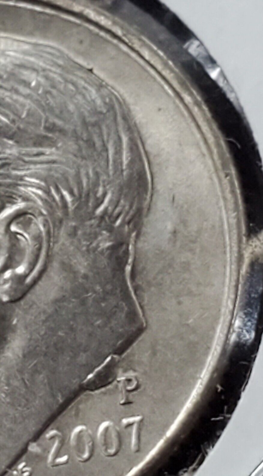 2007 P Roosevelt Dime Coin Die Chip cud obverse AU / UNC