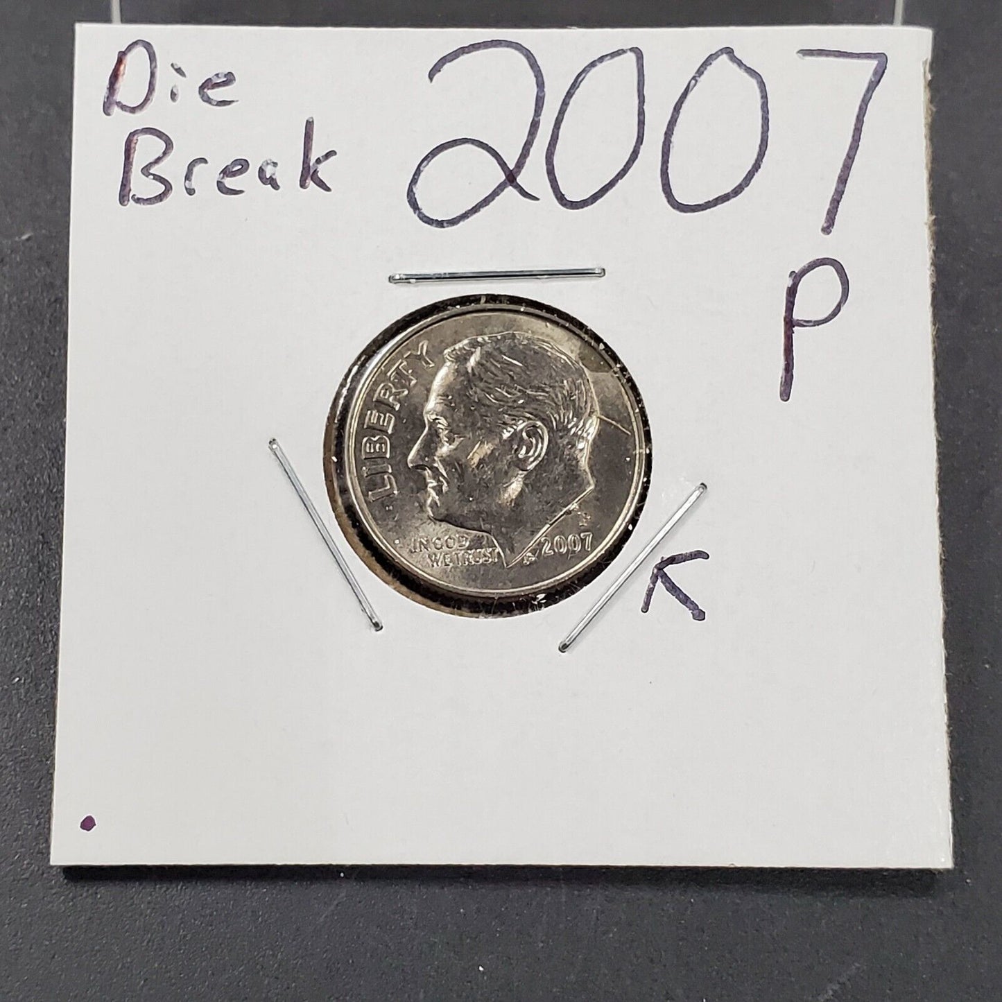 2007 P Roosevelt Dime Coin Die Chip cud obverse XF / AU