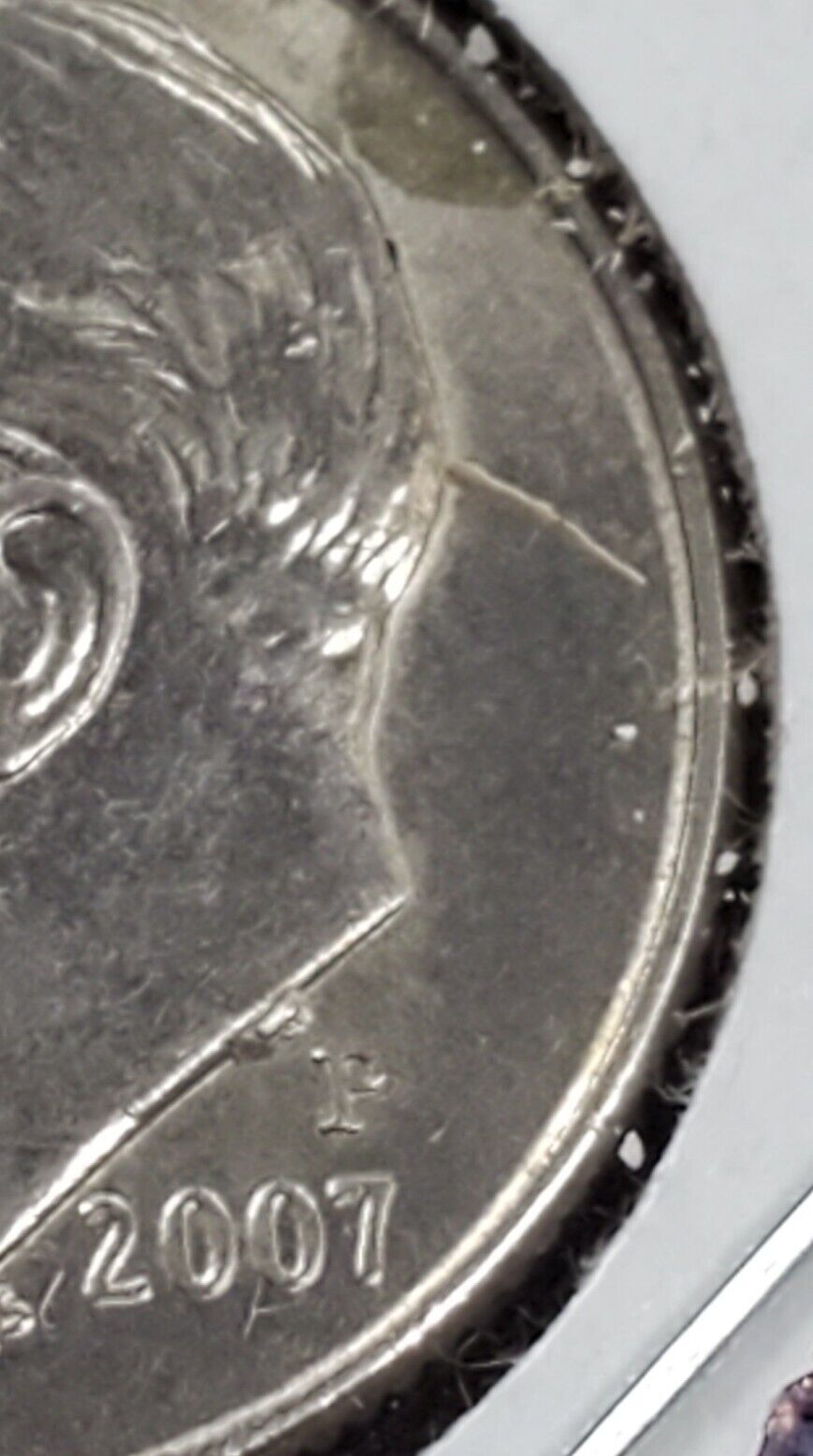 2007 P Roosevelt Dime Coin Die Chip cud obverse XF / AU