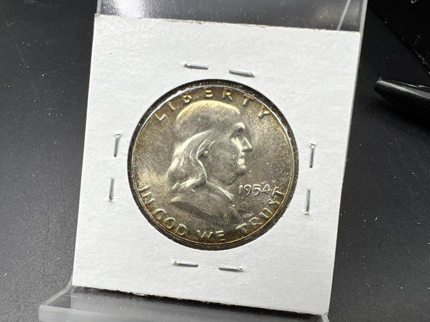1954 P Franklin Silver Half Dollar Coin BU UNC PQ Rainbow Toning Toner Reverse