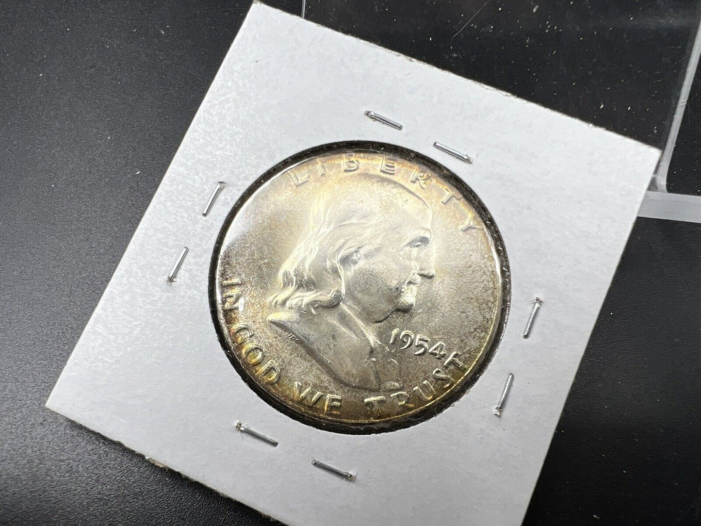 1954 P Franklin Silver Half Dollar Coin BU UNC PQ Rainbow Toning Toner Reverse