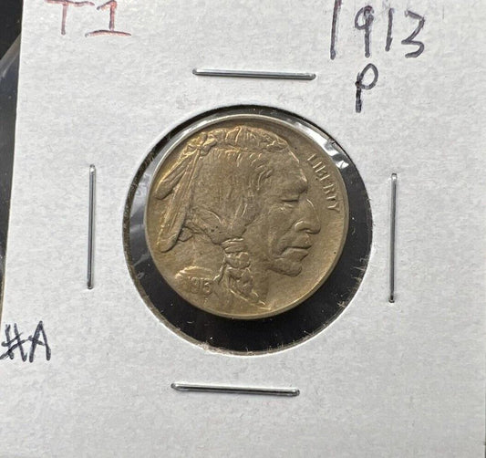 1913 P Buffalo Indian Head Nickel 5c AU About UNC Type 1 Die Clash @ E Plurubus