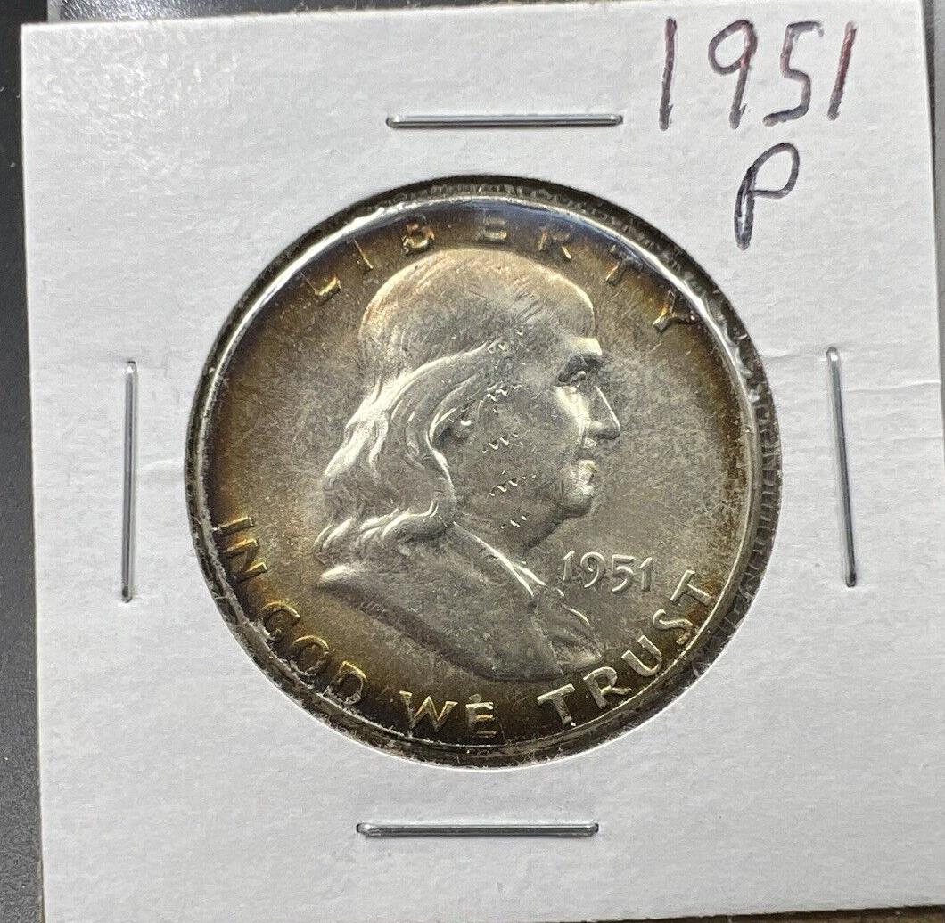 1951 P Franklin Silver Half Dollar Coin BU UNC Neat Toning Toner