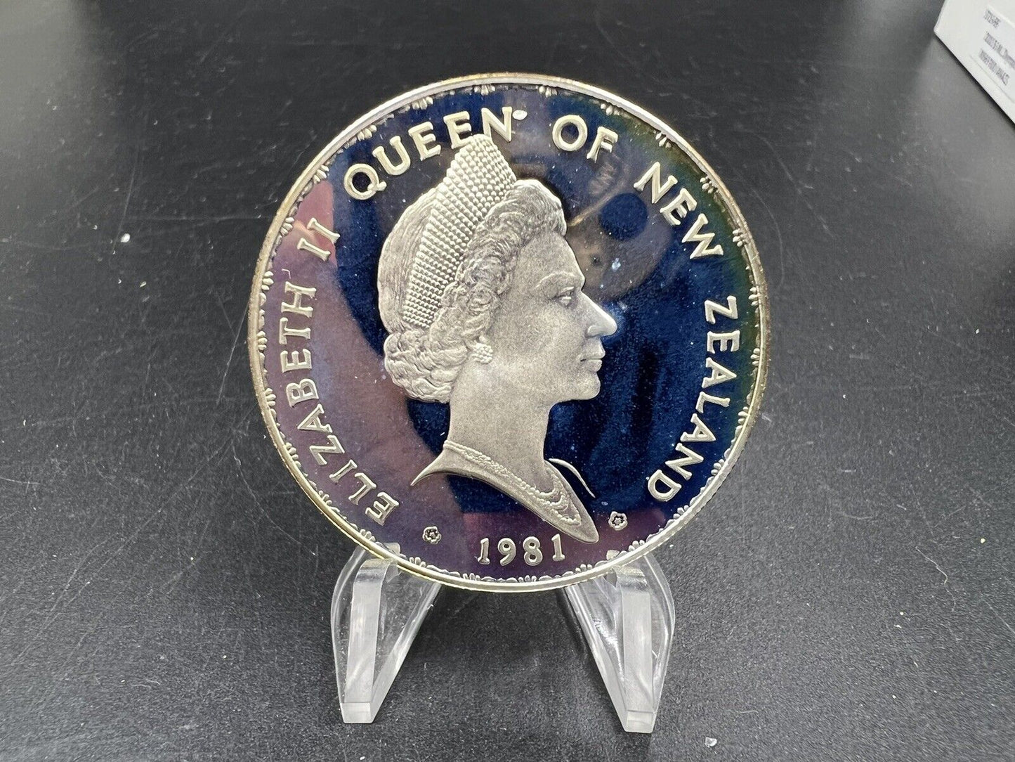 1981 New Zealand Royal Visit Queen Elizabeth II Gem Proof Silver Coin Blue Toner