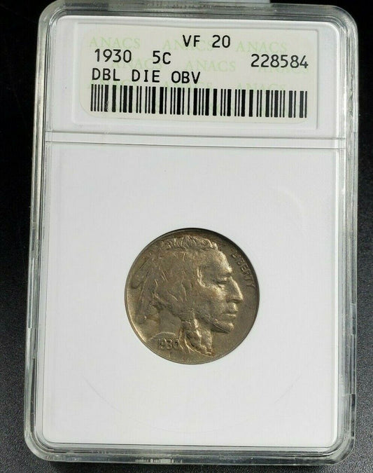 1930 P Buffalo Nickel Variety Coin DDO 001 ANACS VF20 FS-017 FS-101 Double Die O