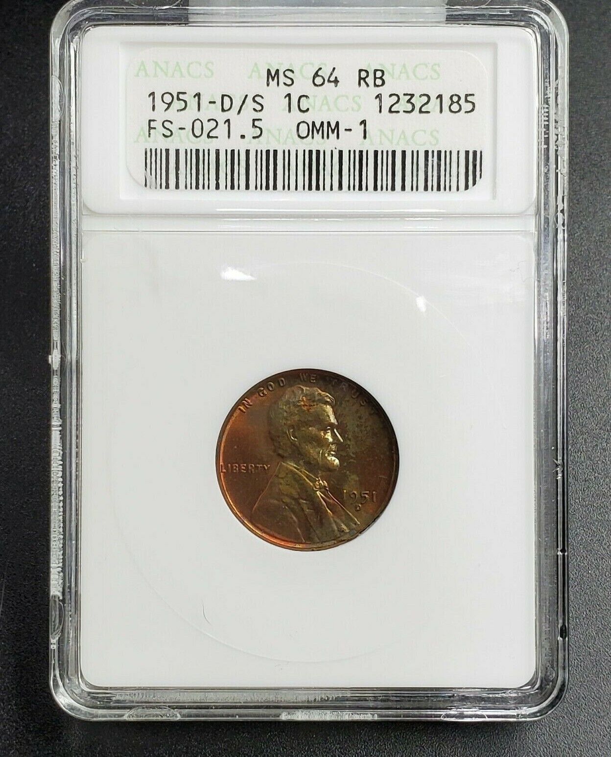 1951 D/S Lincoln Wheat Cent Penny Error ANACS MS64 RB FS-021.5 FS-511 Breen-2202