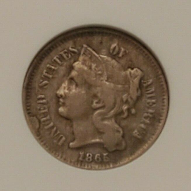 1865 P 3c Three Cent Liberty Nickel Coin Major Die Break Cudd Error ANACS NETVG8