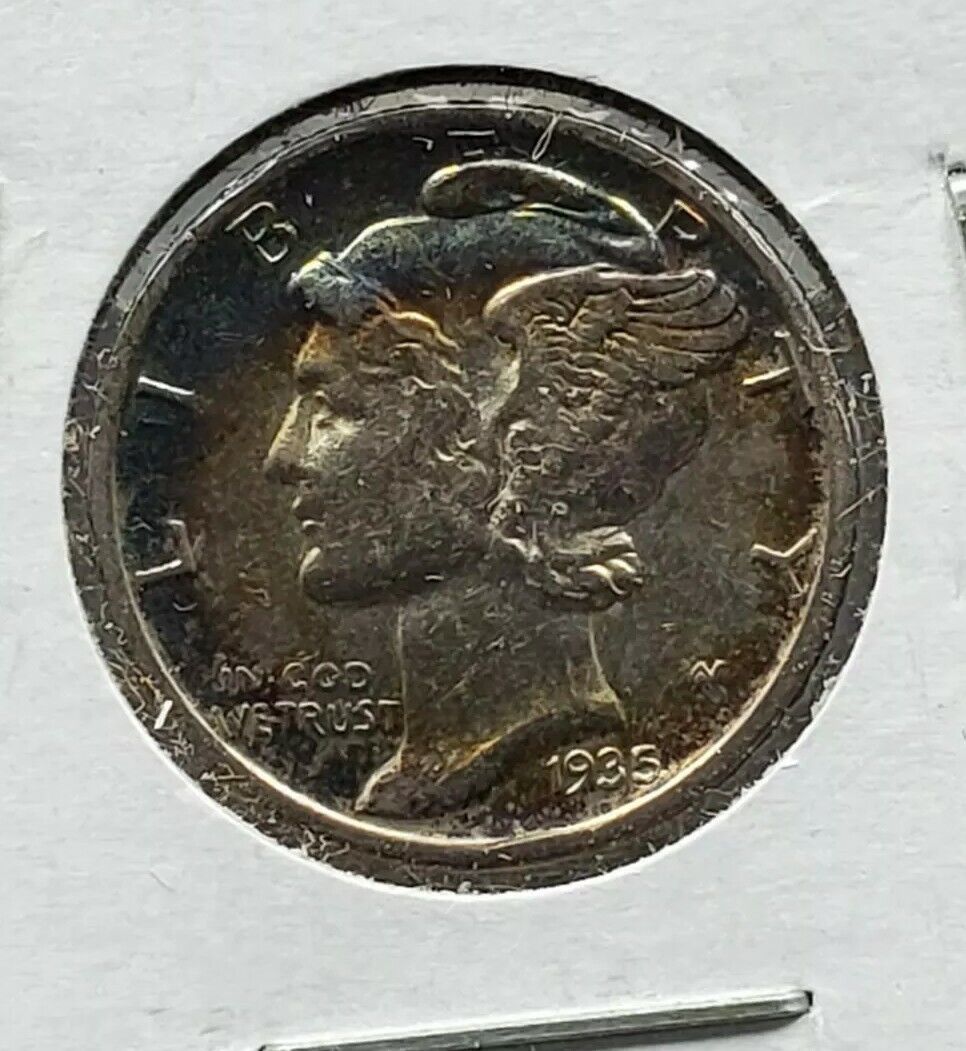 1935 P Mercury Silver Dime Coin Choice XF PQ * Deep Blue Amber Toner Nice