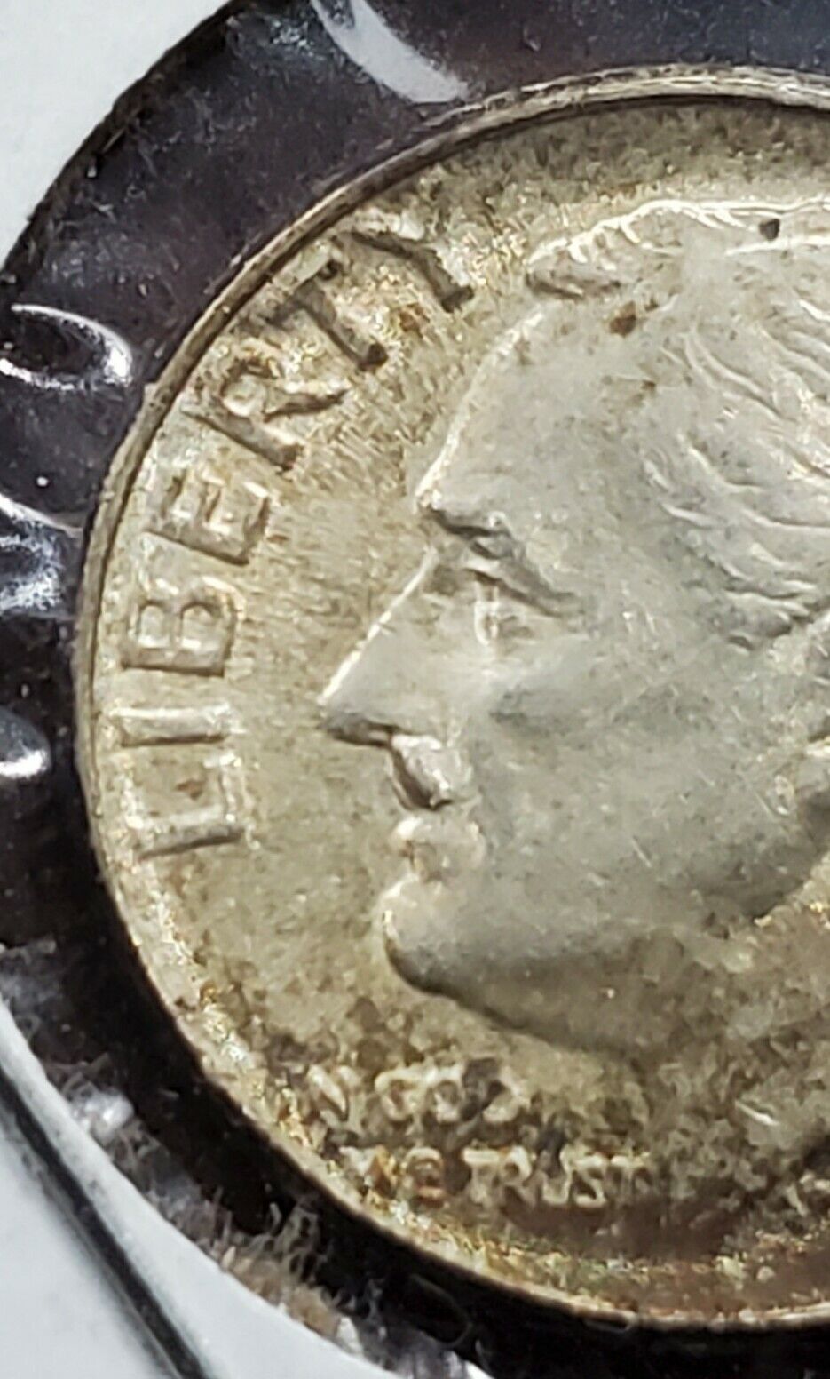 1954 Dime Error Die crack Variety Hitler Mustache on Roosevelt or Bugs Bunny Unc