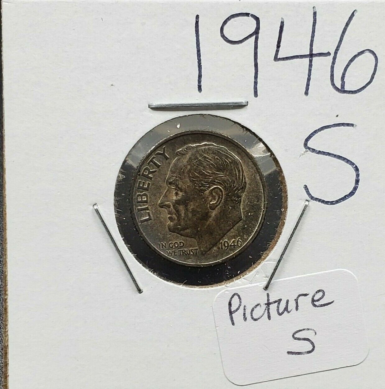 1946 S Roosevelt Silver Dime Coin UNC Neat Toning Trumpet Tailed S Variety Coin