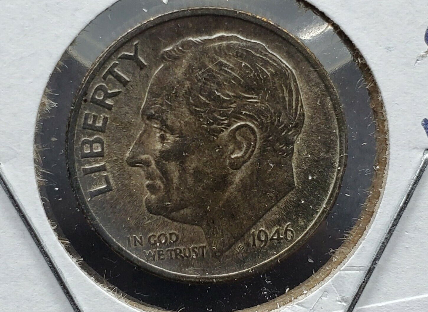 1946 S Roosevelt Silver Dime Coin UNC Neat Toning Trumpet Tailed S Variety Coin