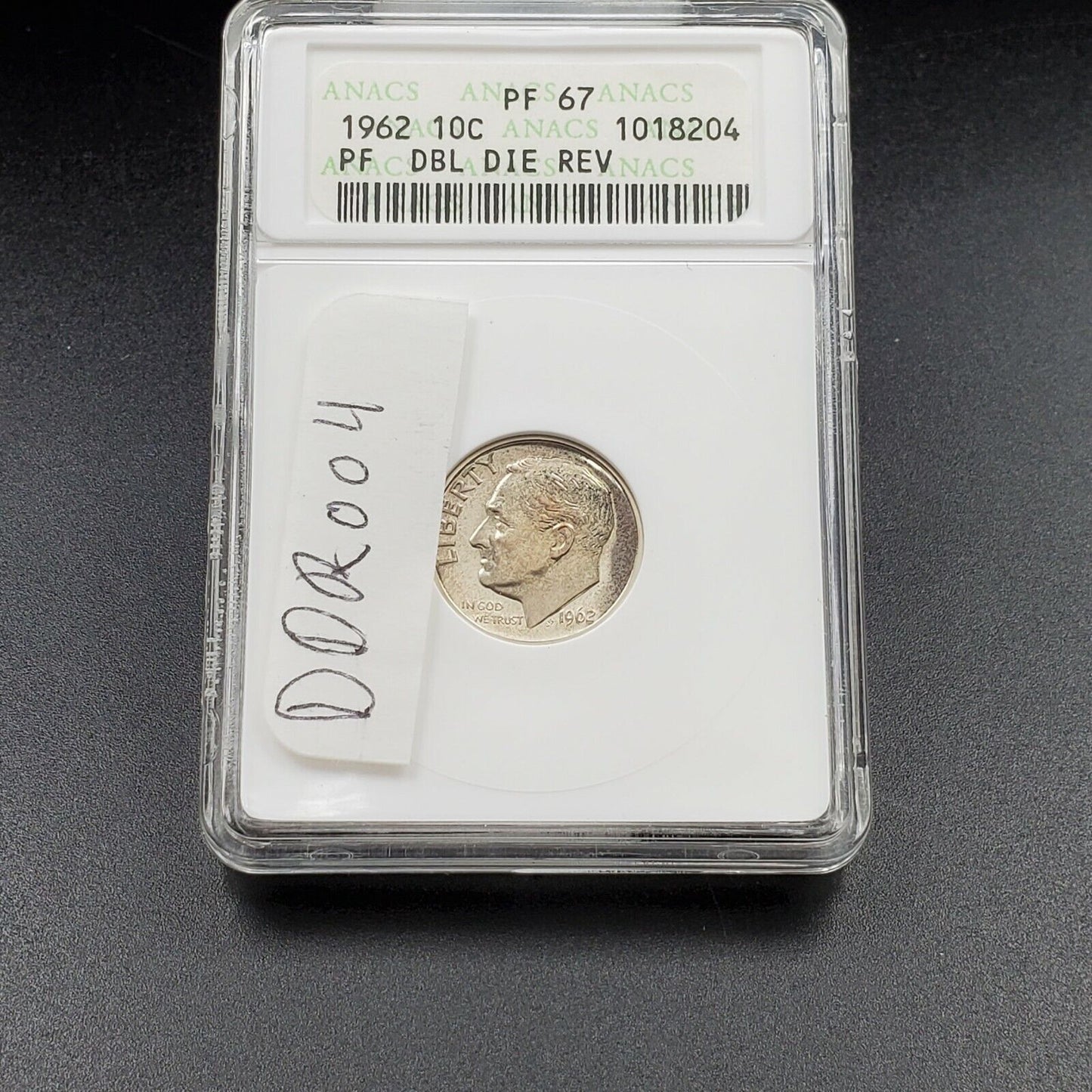 1962 P Roosevelt Silver Dime Coin VARIETY ANACS PF67 DDR 004 Double Die Proof
