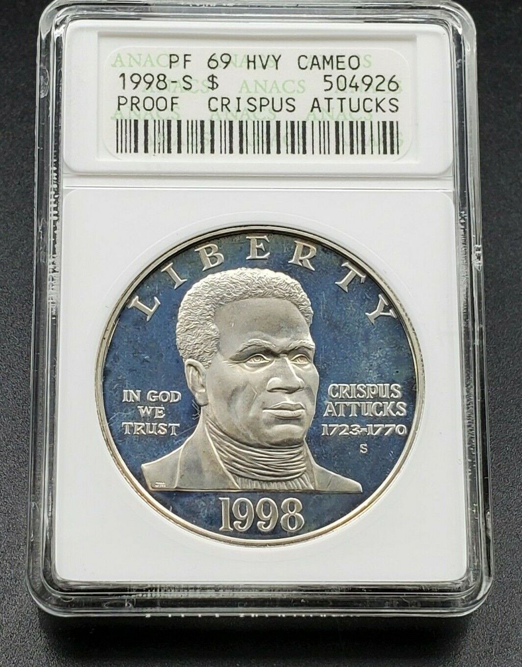 1998 S Crispus Atticucks Dollar Commemorative Coin Retro ANACS PF69 HVY Cameo