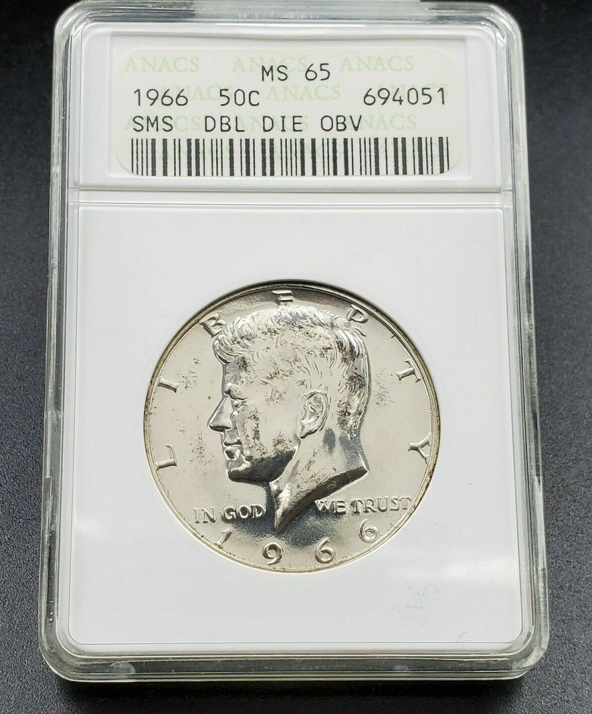 1966 P SMS Kennedy Silver Half Dollar Coin ANACS MS65 Variety DDO 036 Double Die
