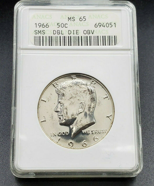 1966 P SMS Kennedy Silver Half Dollar Coin ANACS MS65 Variety DDO 036 Double Die