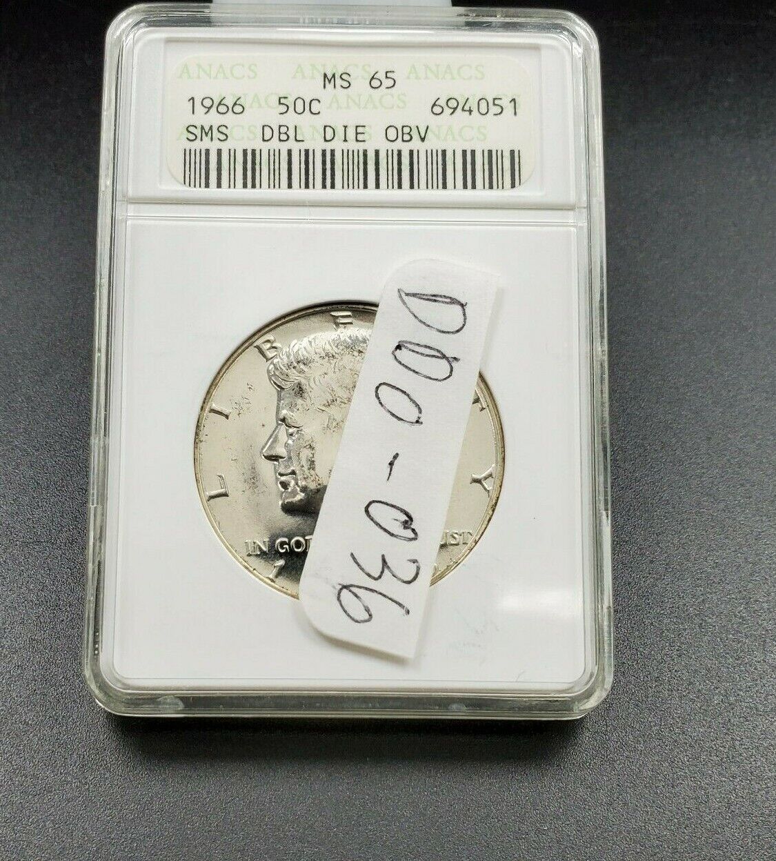 1966 P SMS Kennedy Silver Half Dollar Coin ANACS MS65 Variety DDO 036 Double Die