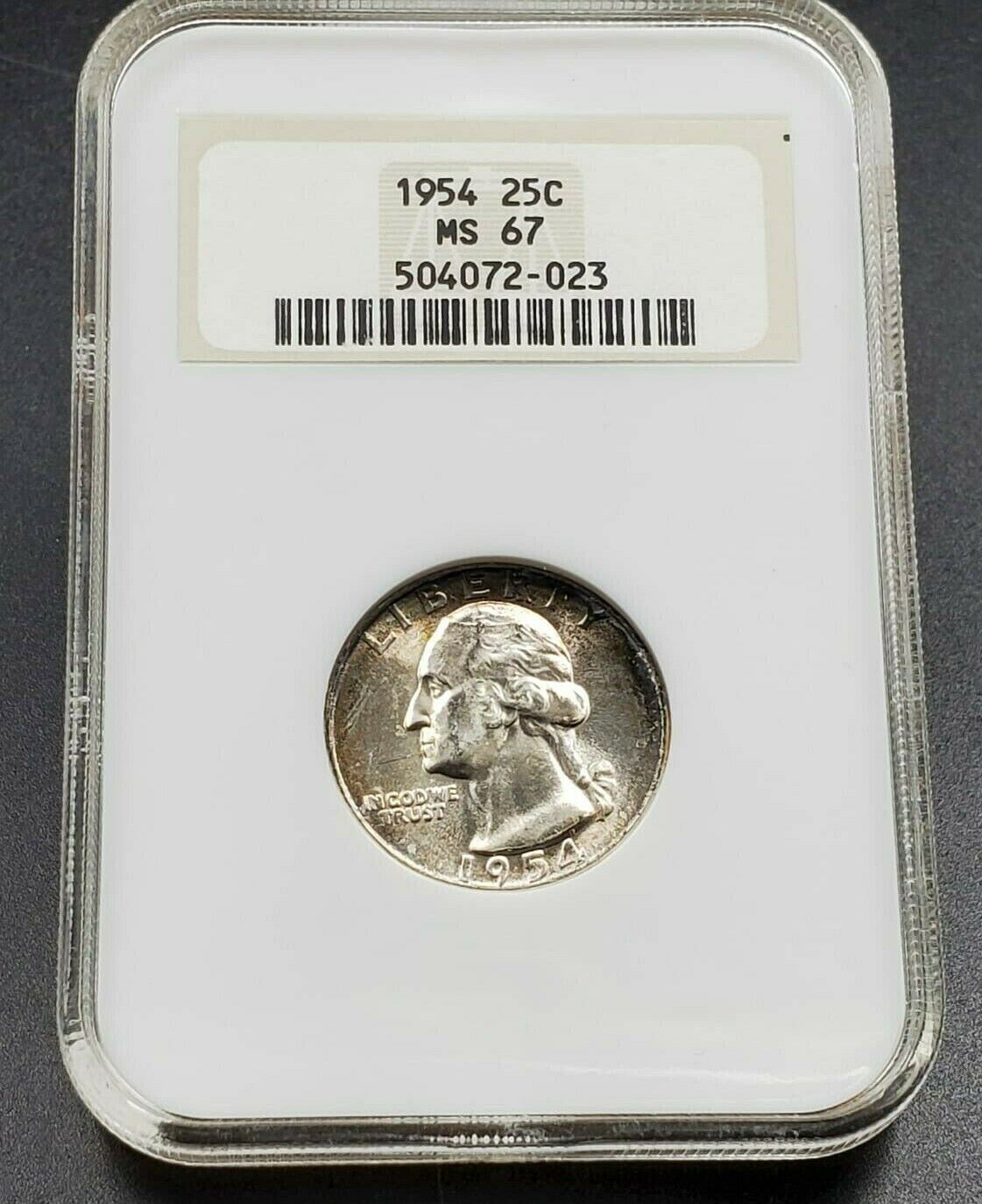 1954 P 25C Washington Quarter Coin NGC MS67 GEM BU OFH Old Fat Holder Toner