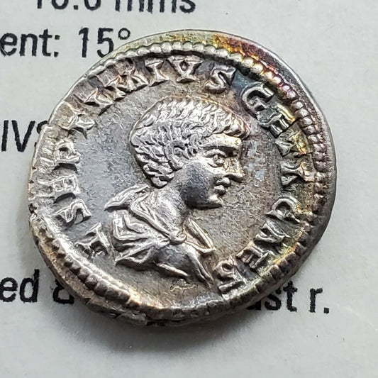 GETA 209-212 SILVER DENARIUS ROME 198 - 200 AU ABOUT UNCIRCULATED PQ * TONING