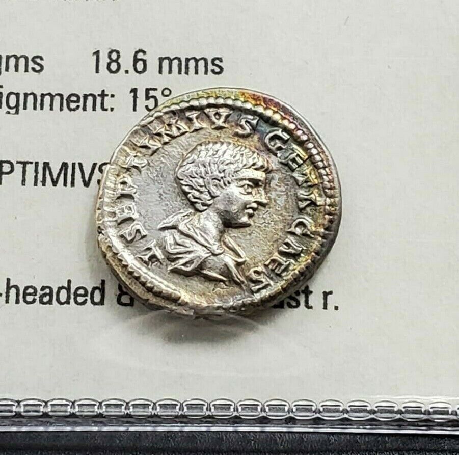 GETA 209-212 SILVER DENARIUS ROME 198 - 200 AU ABOUT UNCIRCULATED PQ * TONING