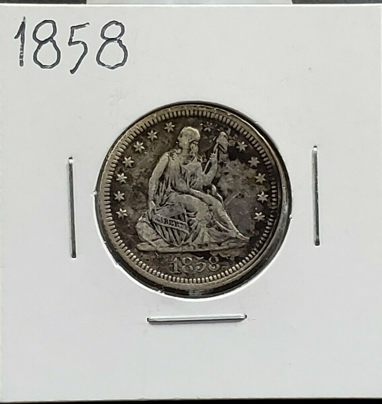 1858 P Seated Liberty Silver Quarter Coin VF Very Fine Condition Some Toning