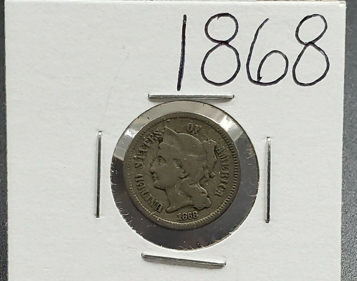 1868 P 3c Liberty Three Cent Nickel Coin Choice F Fine Circulated Condition Nice