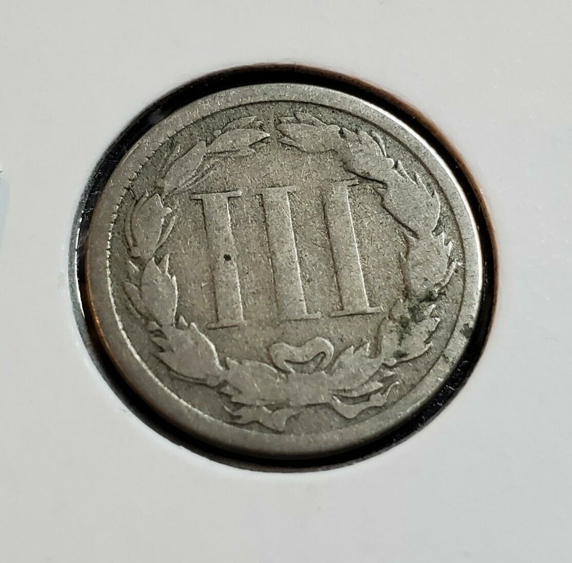 1866 3c Liberty Three Cent Nickel Coin VG Light Struck Thru Through Grease Error