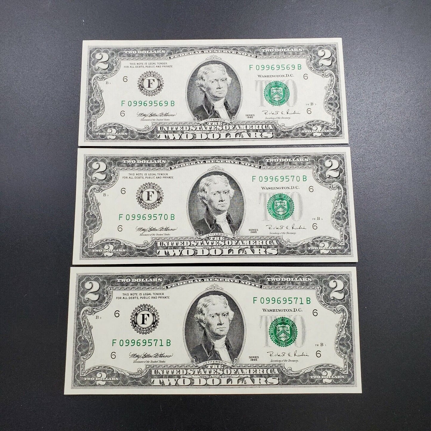 3 Consecutive 1995 $2 Two Dollar Green Seal Federal Reserve NOTE FRN Choice UNC