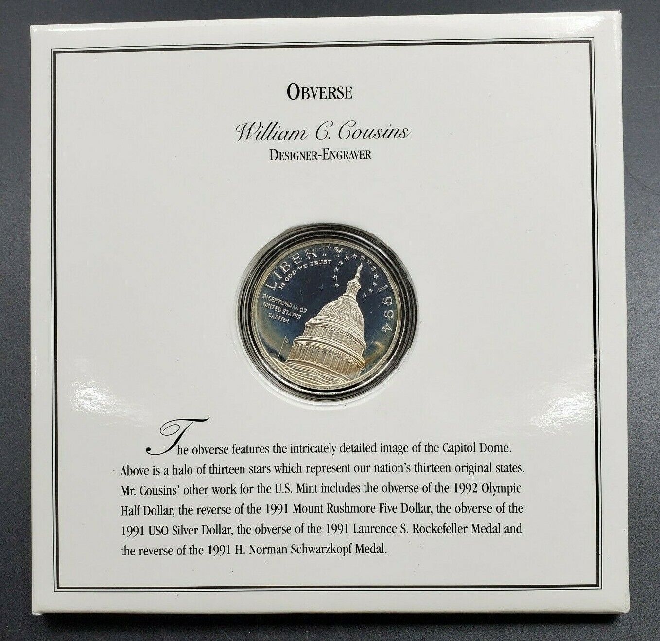 1994 S Washington D.C. Capitol Visitors Silver Proof Dollar Coin Neat Toning OGP
