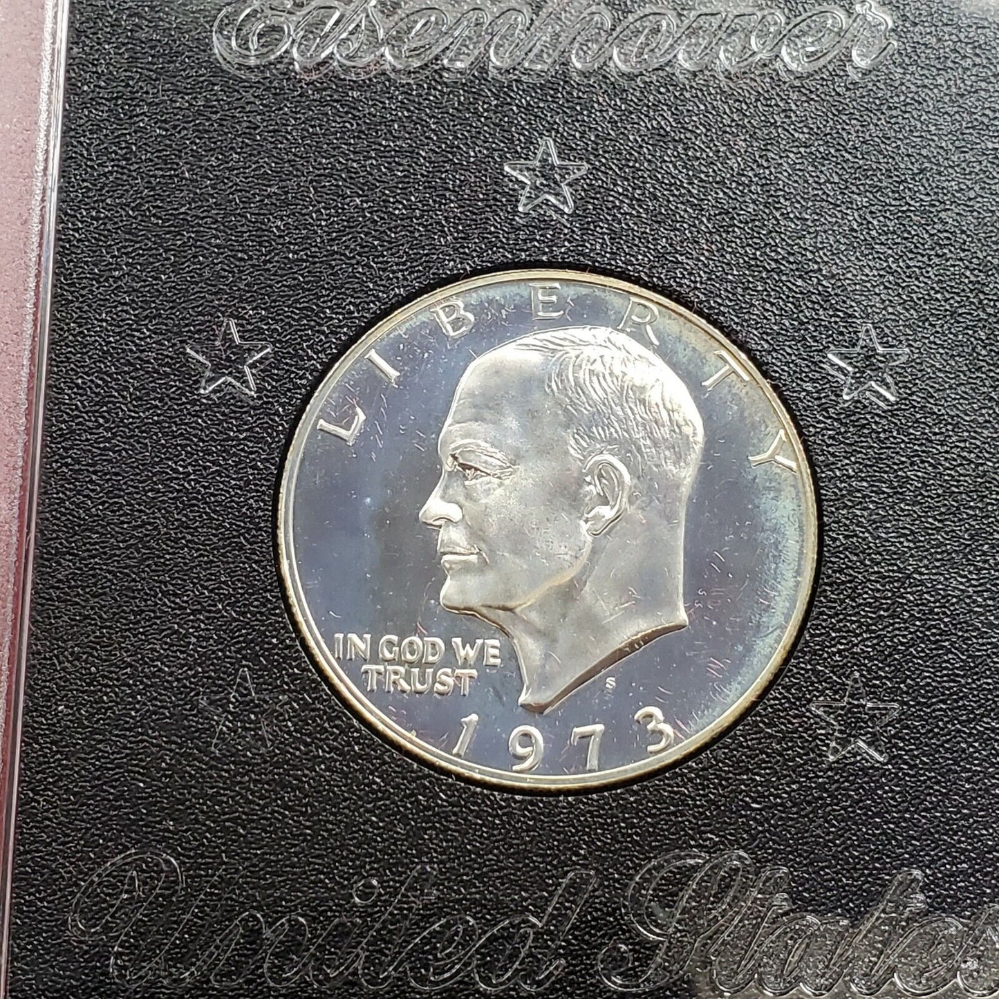1973 S $1 Eisenhower Brown Ike 40% Proof Silver Dollar Coin Original Blue Toning