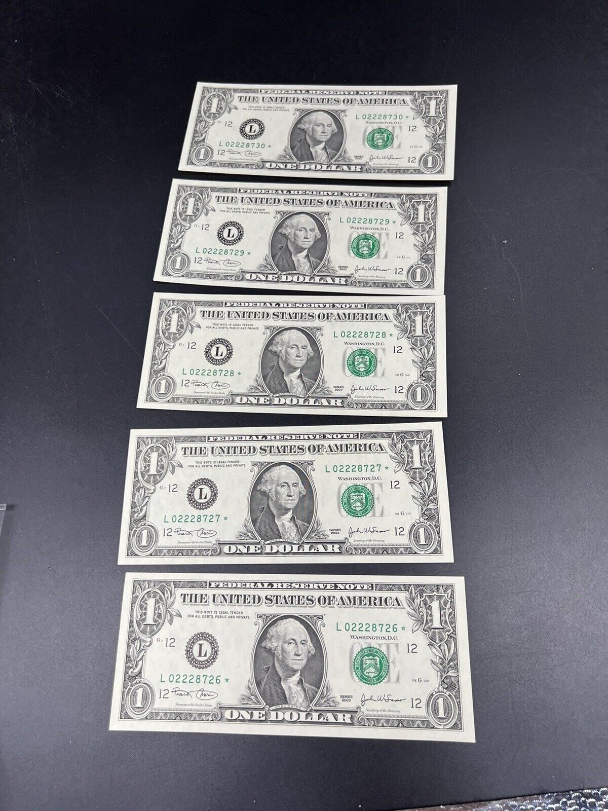 Lot of 5 Consecutive 2003 $1 Star Note FRN Federal Reserve Note Bills Choice UNC