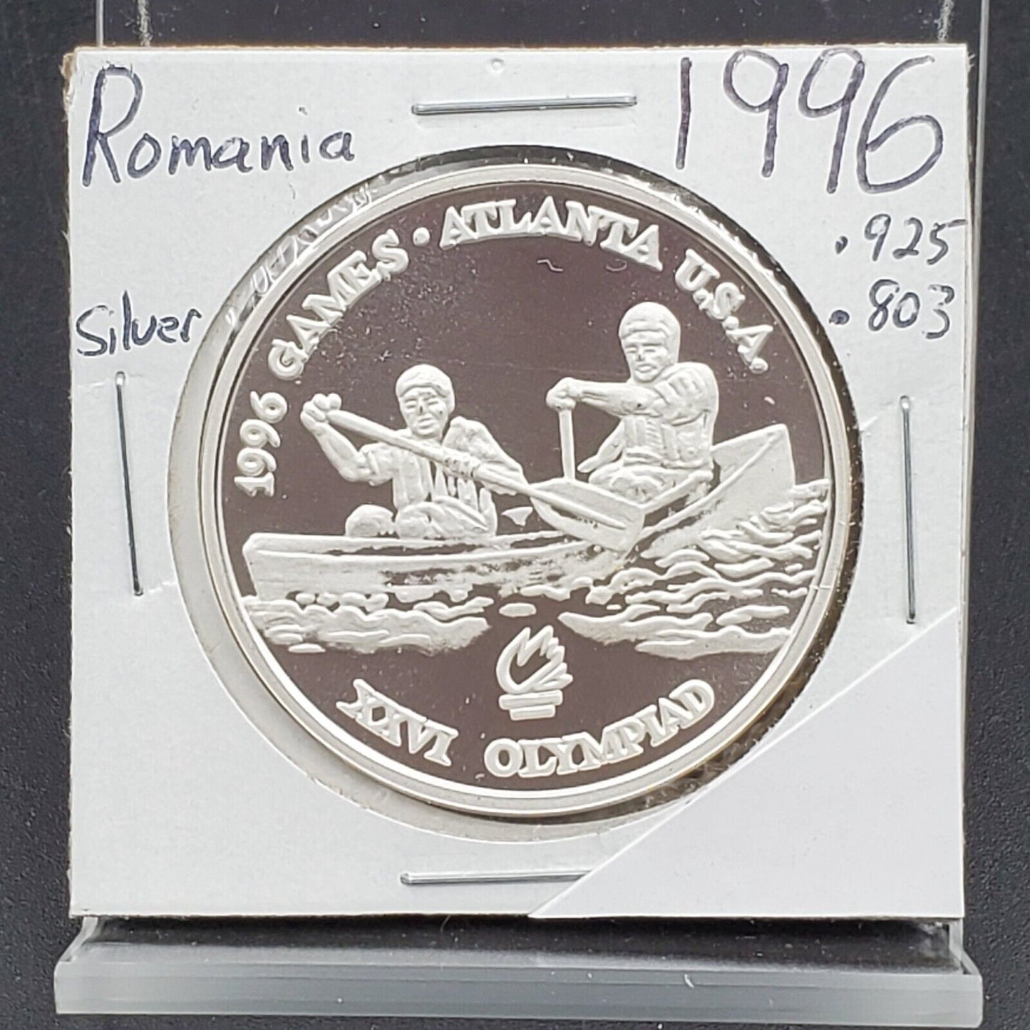 1996 Romania 100 Lei Proof - Silver .925 Atlanta Olympics Canoe GEM PROOF