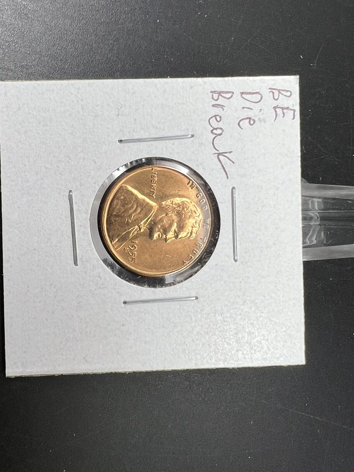 1955 S Lincoln Wheat Cent CH BU Die Break chips in Liberty & lamination error #F