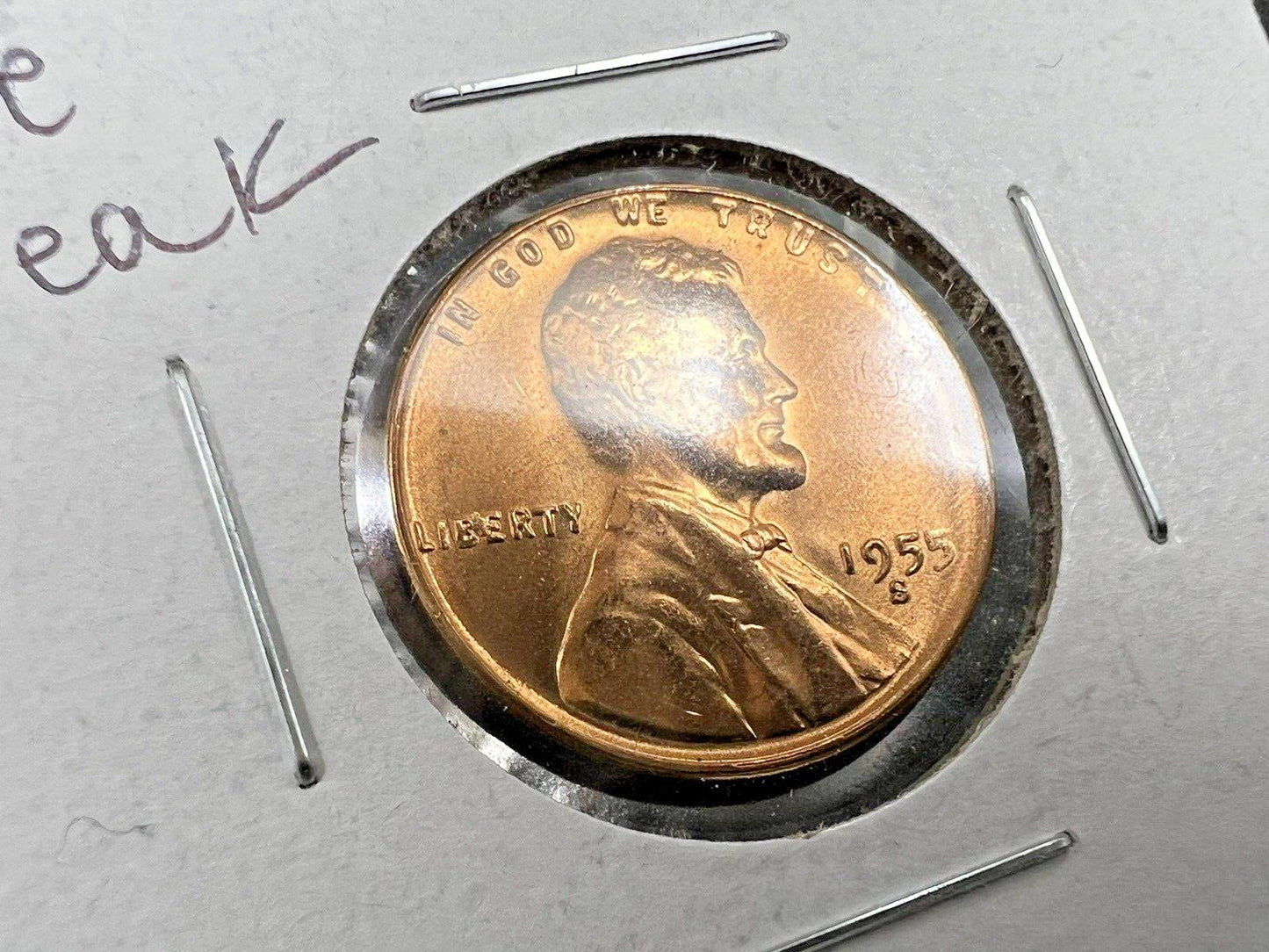 1955 S Lincoln Wheat Cent CH BU Die Break chips in Liberty & lamination error #F