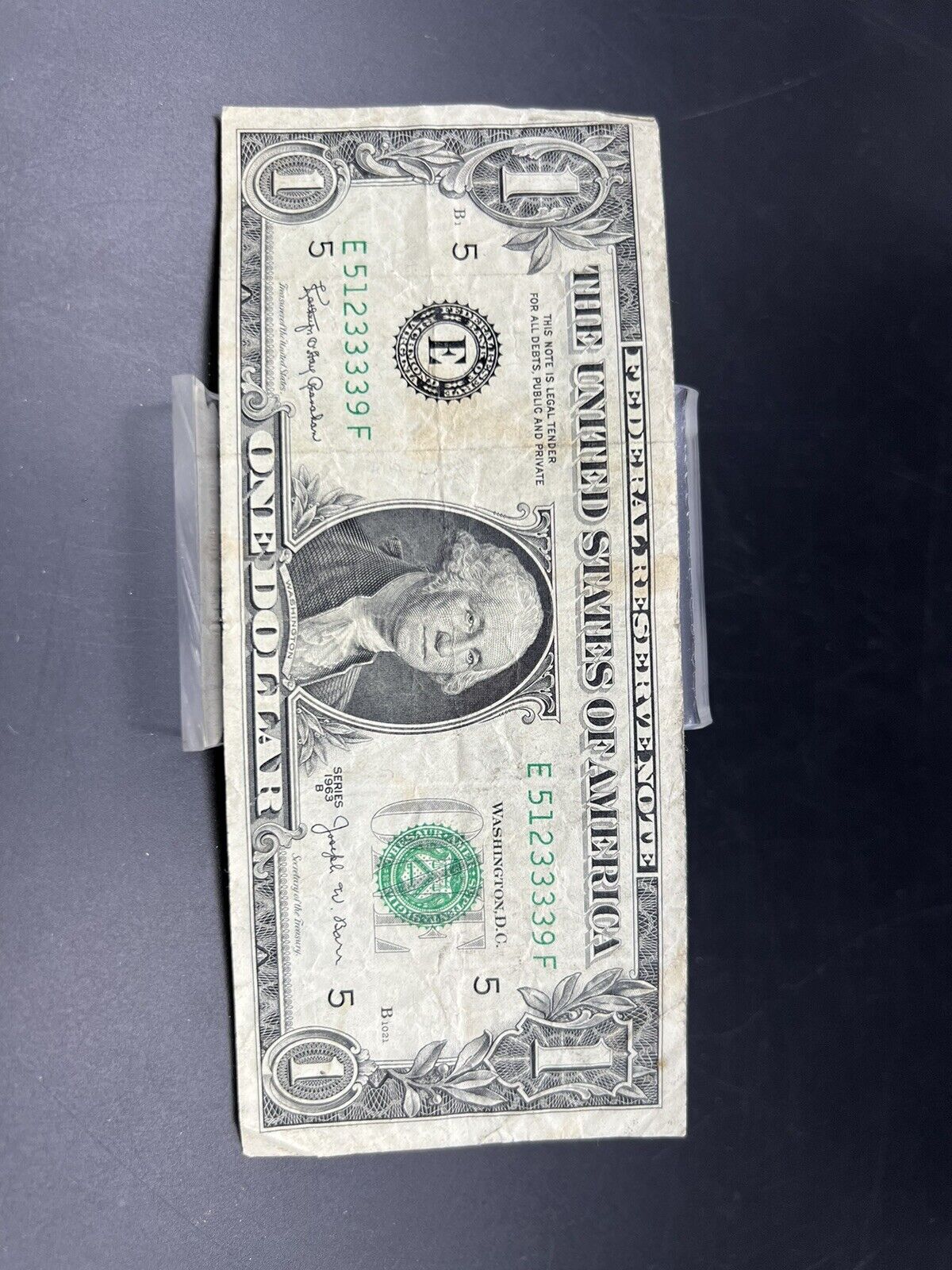 1963 B $1 Barr Signature Federal Reserve Note FRN Green Seal Repeat Serial #3333