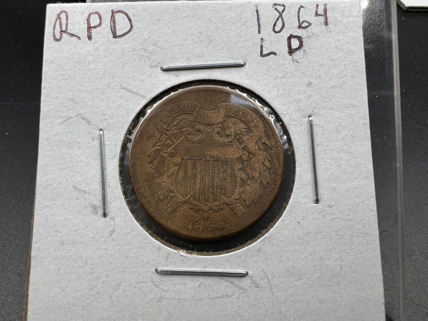 1864 P 2C Two Cent Copper Coin VG Very Good RPD Repunched Dated