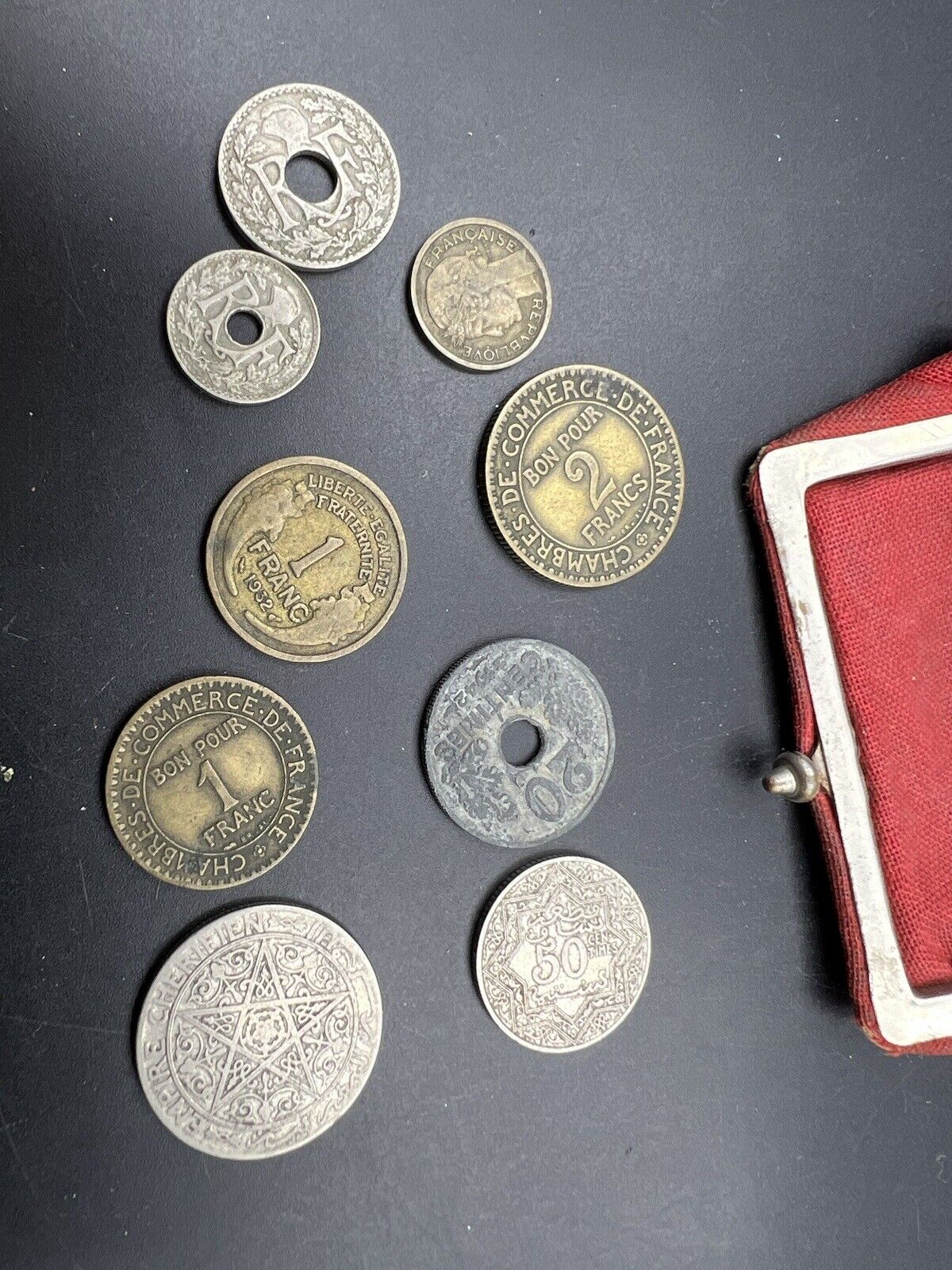 World War Two II Era French Change Purse With 9 Antique Coins