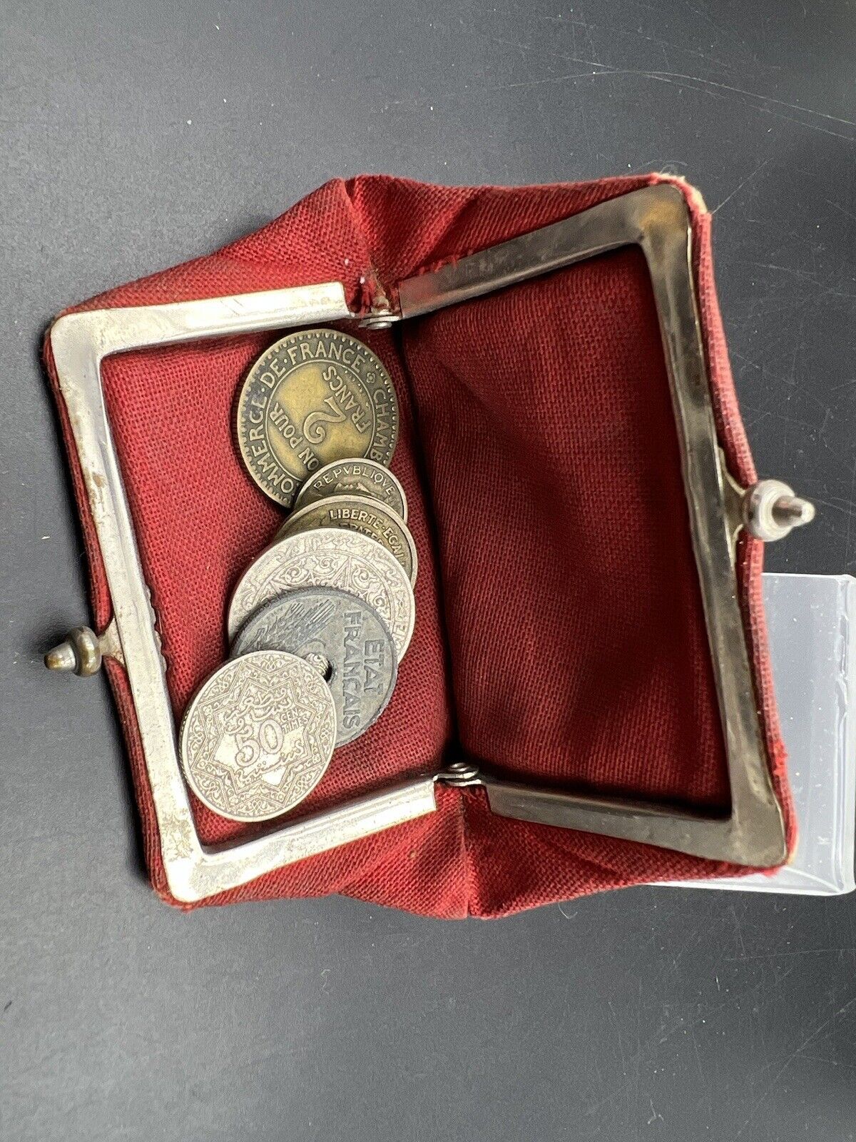 World War Two II Era French Change Purse With 9 Antique Coins