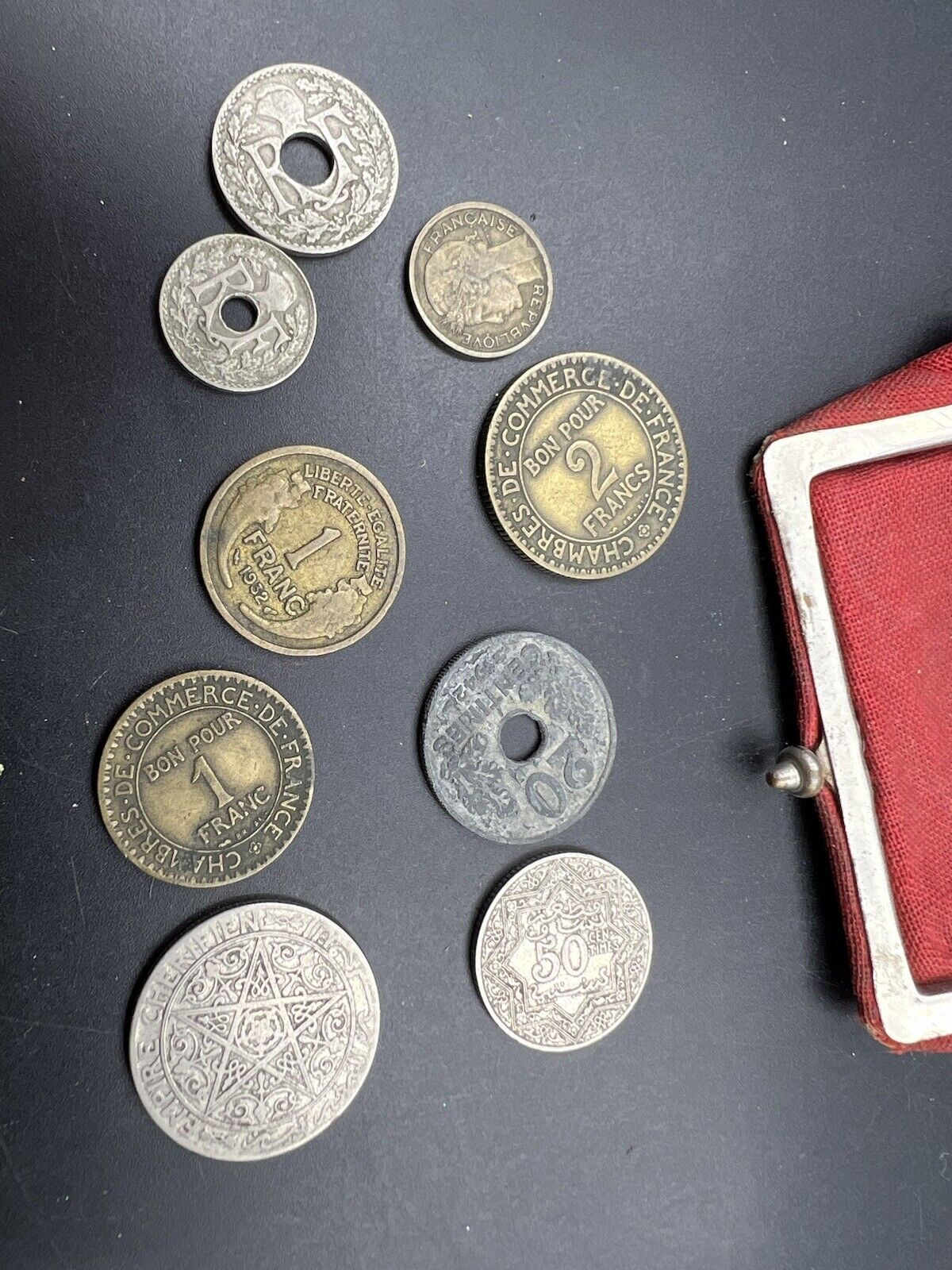 World War Two II Era French Change Purse With 9 Antique Coins