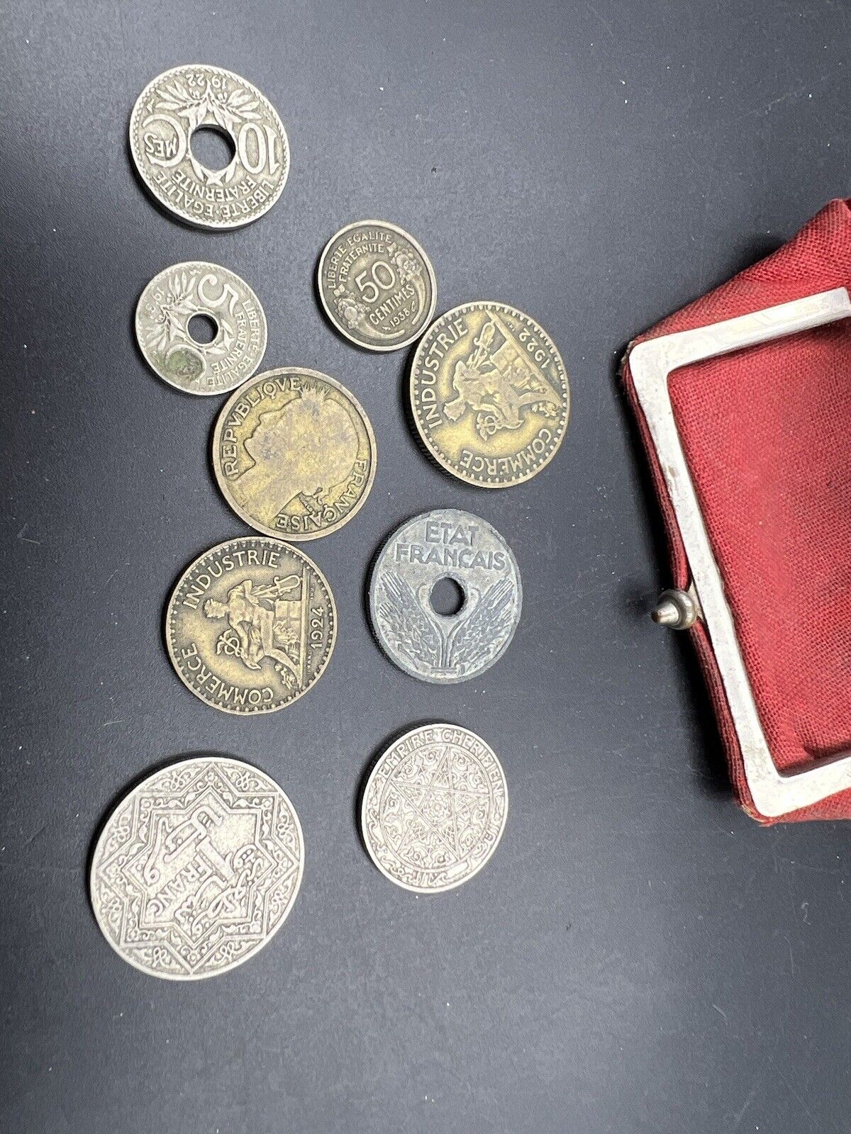 World War Two II Era French Change Purse With 9 Antique Coins