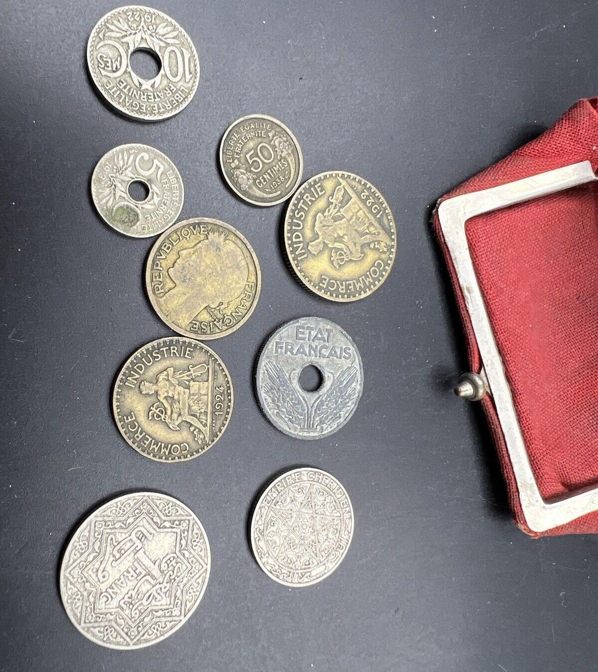 World War Two II Era French Change Purse With 9 Antique Coins
